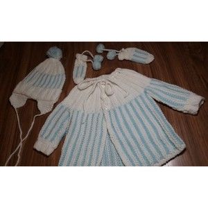 Vintage Handknitted Baby set Cardigan Hat & Mittens Blue and White